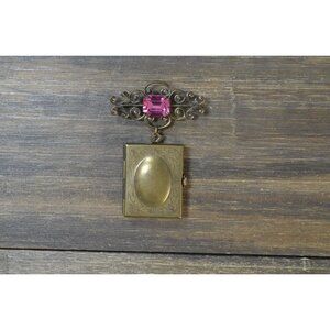 Photo Locket Brooch Pin Sadie Green Pine Rhinestone Bronze Tone for Loved Ones